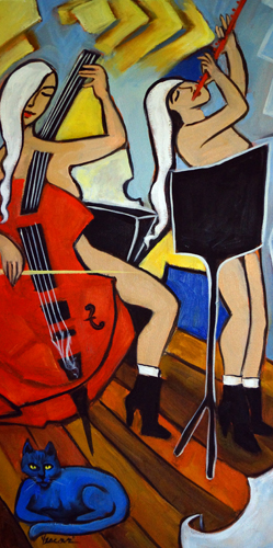 neo-cubism oil and cold wax painting of nude female jazz players by Valerie Vescovi