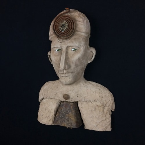 concrete sculpture portrait of a man with an antique bell by Barbara Liss