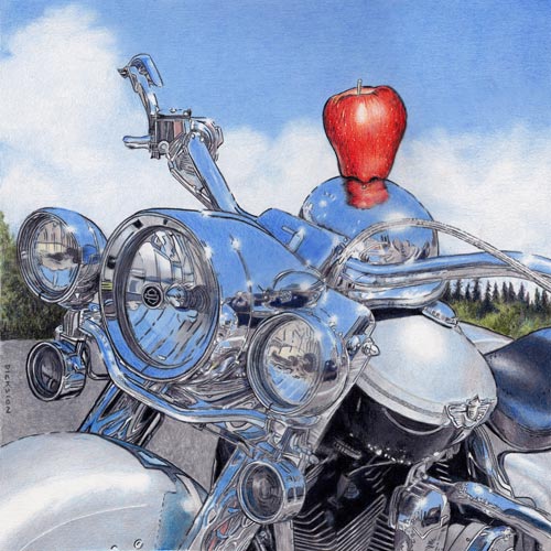 colored pencil drawing of a motorcyle with an apple by Rhonda Dicksion
