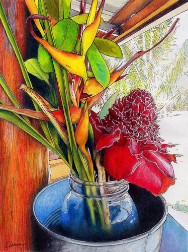 color pencil drawing of Maui flowers by Rhonda Dicksion