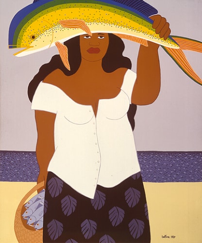 painting of a woman carrying a fish on her head by Bettina