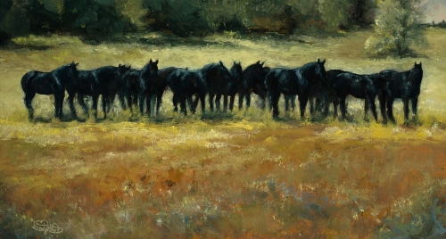 painting of a herd of black horses by Shandy Staab