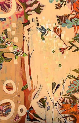 abstract painting of a hummingbird in a garden by Kathy Q. Parks
