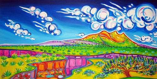 landscape painting of Three Peaks from the Mesa in Taos, NM, by Rachel Houseman