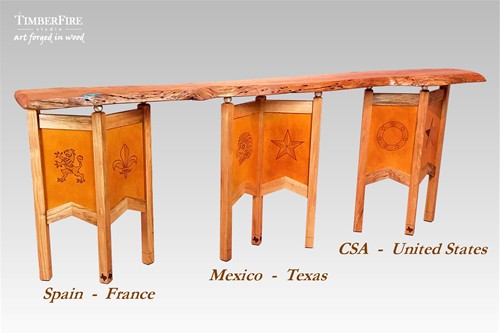 one-of-a-kind mixed media long table by TimberFire Studio