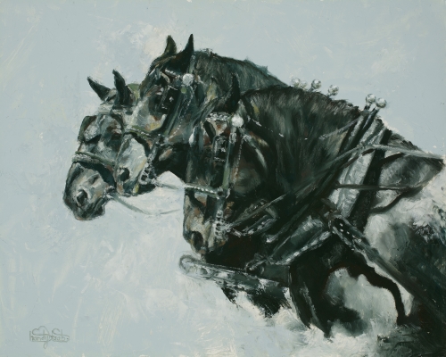 painting portrait of three black horses by Shandy Staab