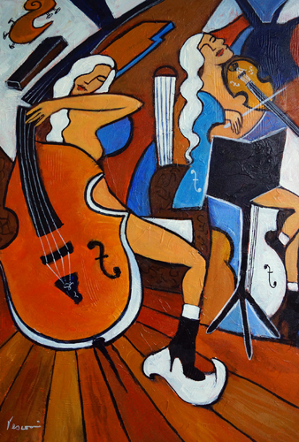 neo-cubism painting of nude female jazz musicians by Valerie Vescovi