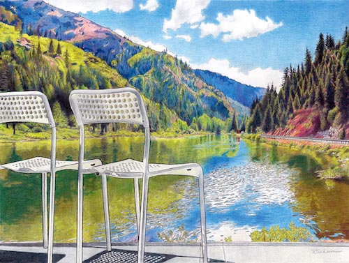 colored pencil drawing of a mountain lake by Rhonda Dicksion