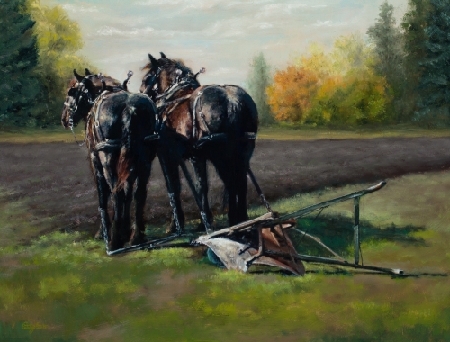 painting of a team of black horses near a plow by Shandy Staab