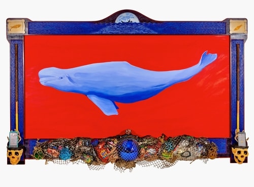 mixed media image of a beluga whale in a red tide by Lloyd Crow