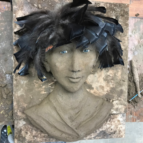 concrete sculpture with turkey feathers in progress by Barbara Liss