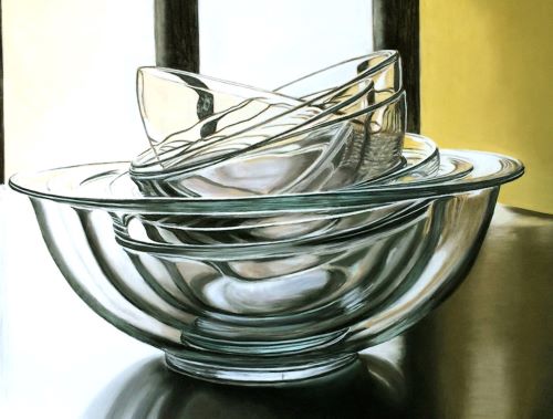 pastel of nested glass bowls on a counter by Diane Rudnick Mann