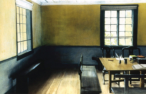 painting of a reading room by B St. Marie Nelson