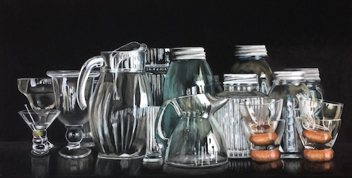 pastel of lots of glass containers against a black background by Diane Rudnick Mann