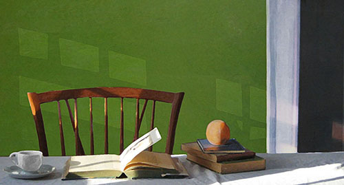 Still life painting of books and an orange on a table by B St. Marie Nelson
