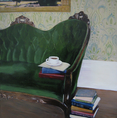 painting of a couch, books and coffee by B St. Marie Nelson