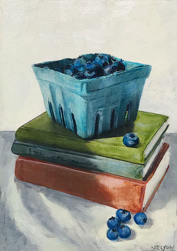 still life painting of blueberries and books by B St. Marie Nelson