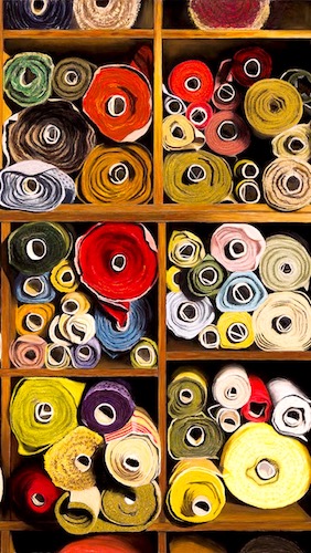 pastel of a wall of fabric bolts by Diane Rudnick Mann