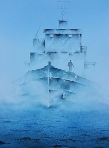 watercolor of a masted ship at sea by Telagio Baptista