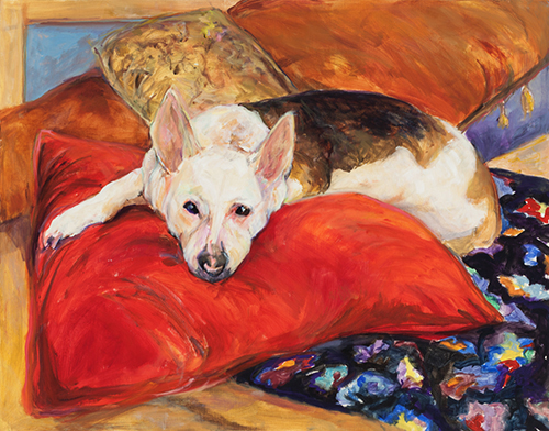 painting of a dog on pillows by Diana Kurz