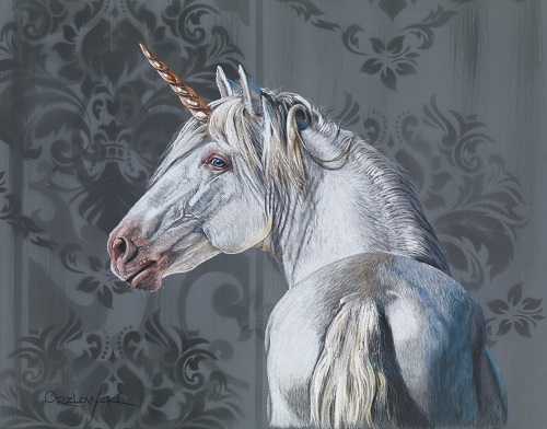 pastel of a white unicorn by Lynette Orzlowski