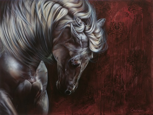 painting of a white horse agaisnt a red background by Lynette Orzlowski
