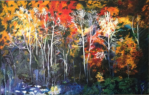 oil painting of a colorful birch forest by Nelly Marlier