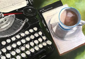 painting featuring a book, typewriter and cup of coffee by B St. Marie Nelson