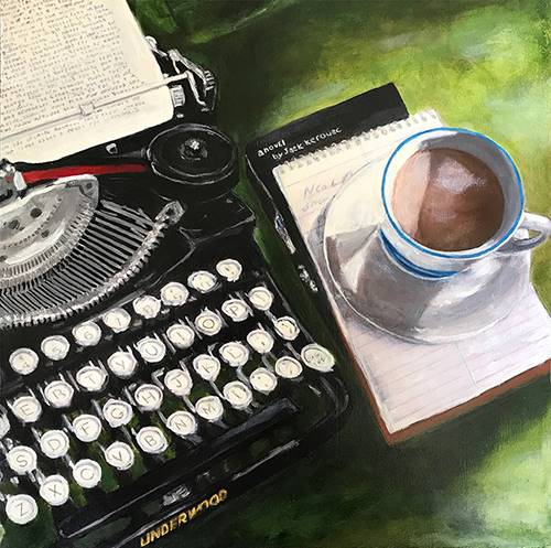 painting featuring a book, typewriter and cup of coffee by B St. Marie Nelson