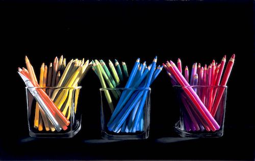 pastel of pastel pencils in glass jars by Diane Rudnick Mann