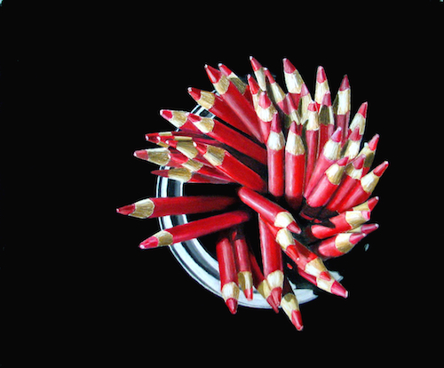 pastel of overhead view of red pencils in a jar by Diane Rudnick Mann