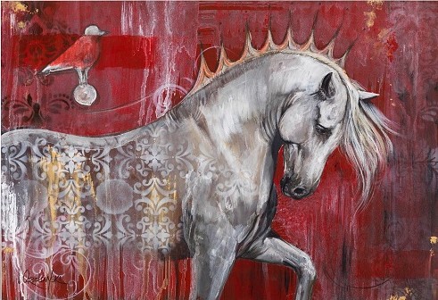 painting of a white horse on a red background by Lynette Orzlowski