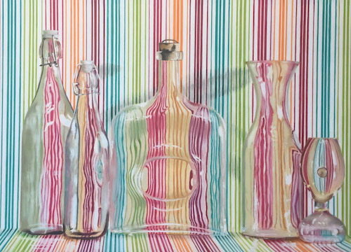 pastel of bottles against a striped background by Diane Rudnick Mann