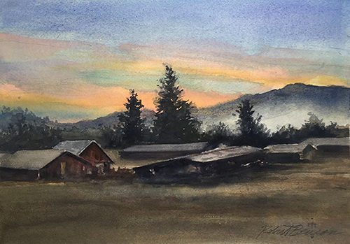 watercolor landscape of a farm by Robert Benson