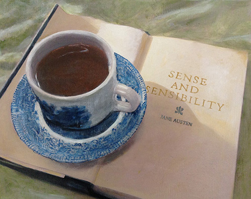 still life painting featuring a cup of tea and Austen's Sense and Sensibility by B St. Marie Nelson