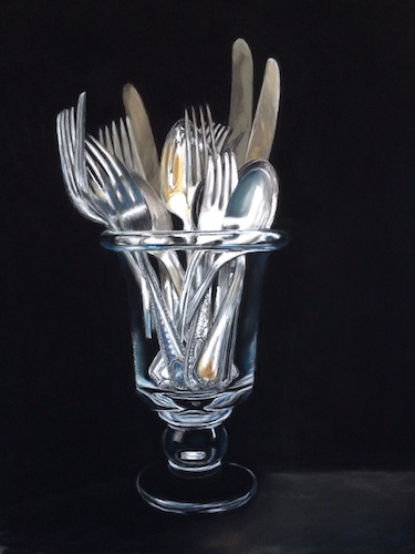 pastel of silverware in a glass by Diane Rudnick Mann