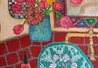 painting of a bathroom countertop by Judi Goolsby