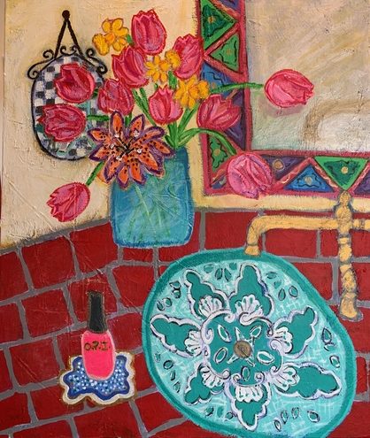 painting of a bathroom countertop by Judi Goolsby