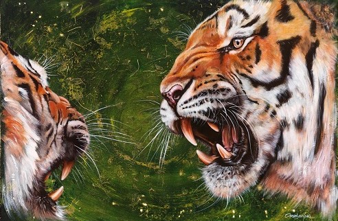 painting of two angry tigers by Lynette Orzlowski