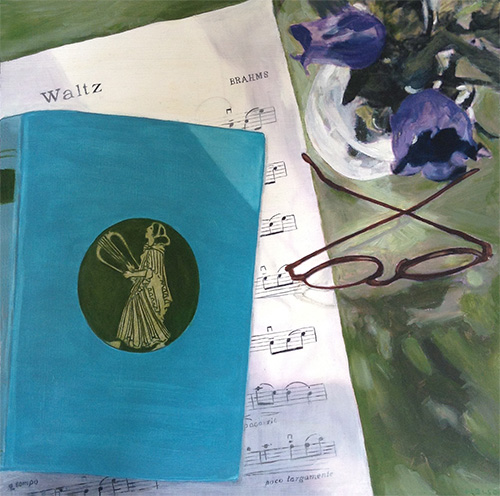 still life painting of a book and sheet music by B St. Marie Nelson