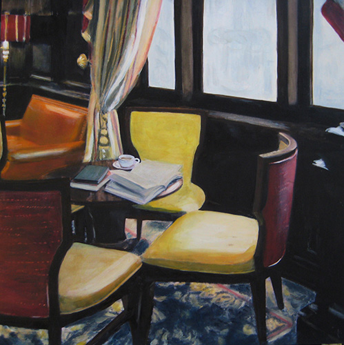 painting of a room in a house with table, chairs and books by B St. Marie Nelson