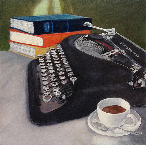 still life featuring typewriter, books and tea by B St. Marie Nelson