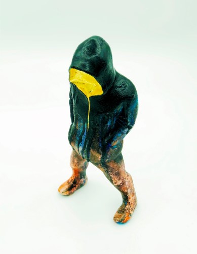 black hoodie small resin figurative sculpture by Rob Lenihan