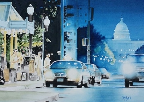 watercolor cityscape of Capitol Hill, DC by Telagio Baptista