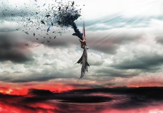 surrealistic photo art of a figure hovering over a maelstrom by Jennifer Gleason