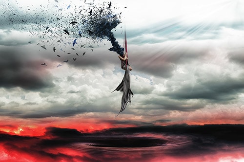 surrealistic photo art of a figure hovering over a maelstrom by Jennifer Gleason