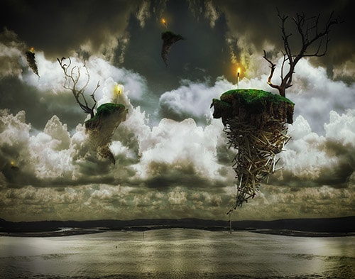 surrealistic photo art of floating matchstick islands by Jennifer Gleason