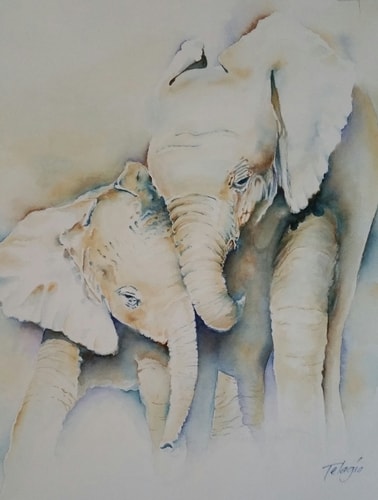 watercolor of a mother and baby elephant by Telagio Baptista
