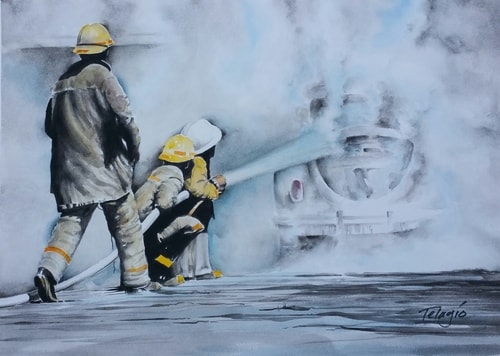 watercolor of fireman putting out a volkswagon beetle fire by Telagio Baptista