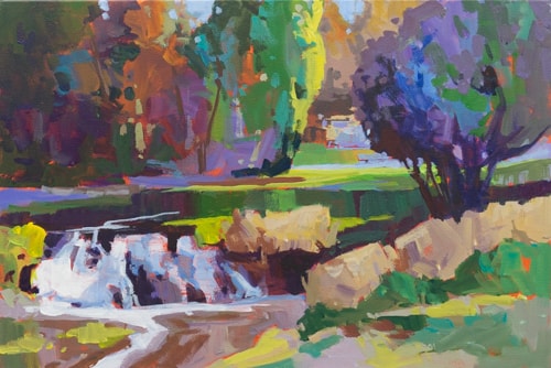 contemporary landscape painting of a small waterfall by Sharon Lynn Williams